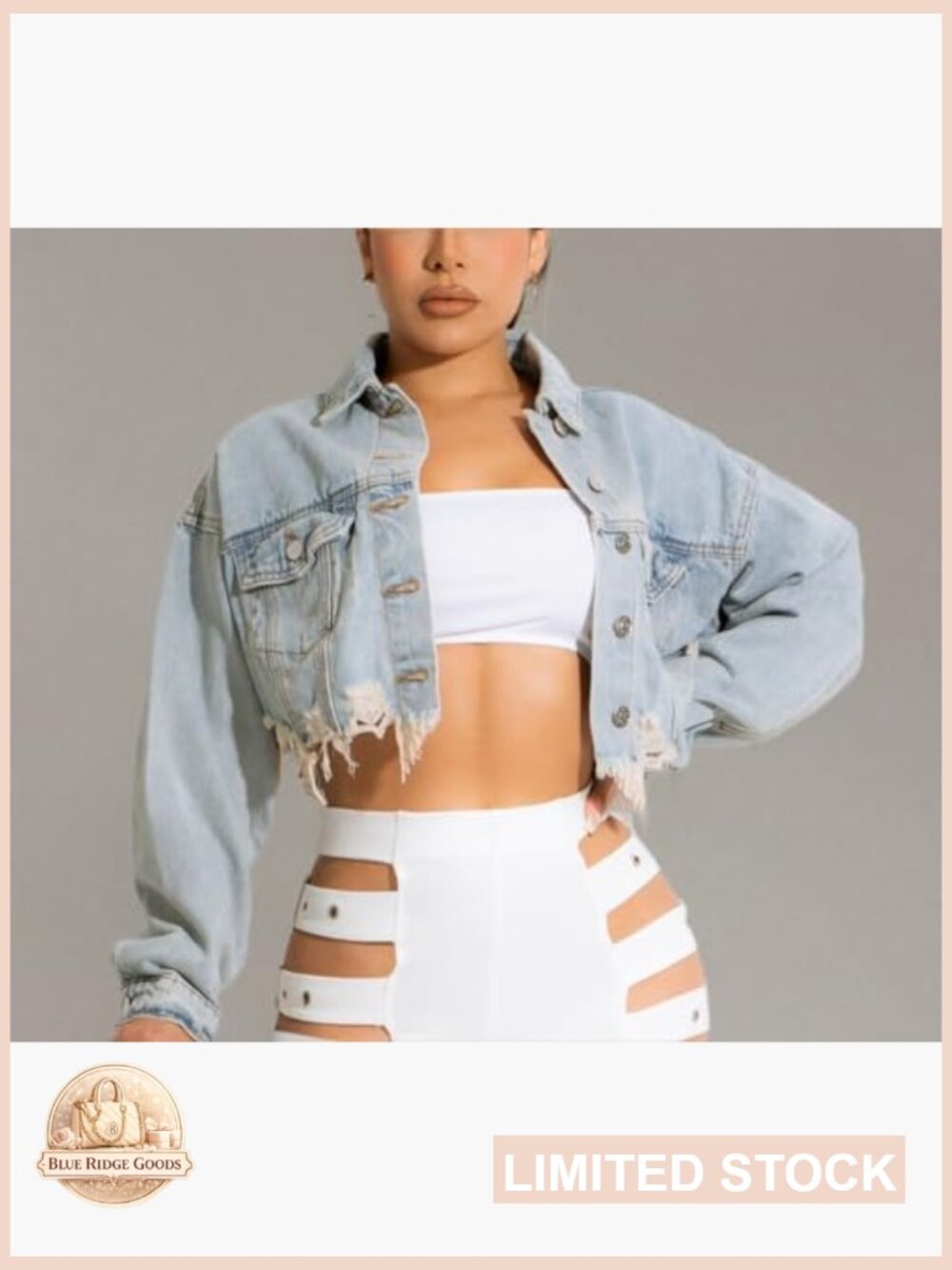 Cropped Denim Jacket Ripped Distressed Frayed Hem Vintage Chic Casual Wear - Picture 5 of 6